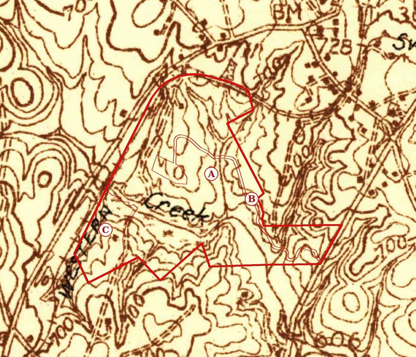 The sample property on the 1935 USGS map